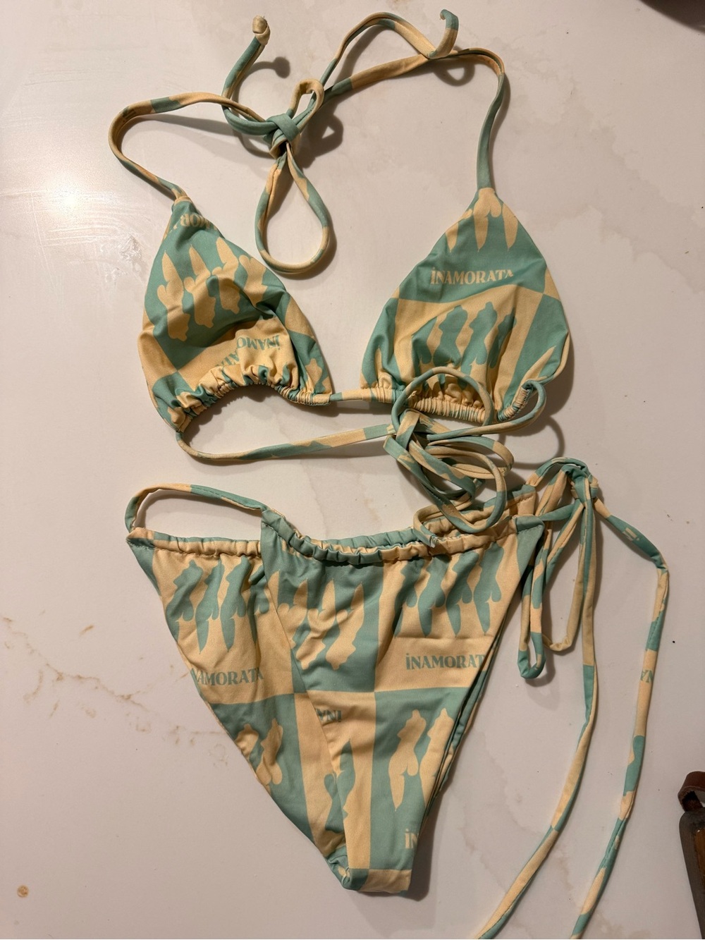 iNAMORATA Green & Cream Printed Triangle Tie Bikini Small